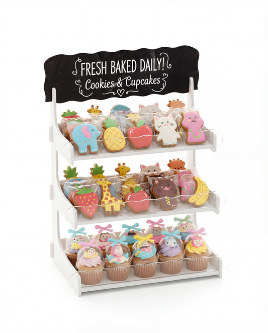 Cookie Display Stand for Bakers & Vendors with Acrylic Front - Wooden Cookie Stand with Chalkboard Sign for Market Booths, Craft Fairs & Events - Tiered Cookie Display for Cupcakes, Muffins & Pastries (White)