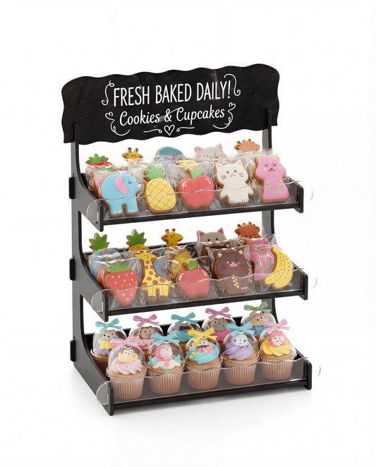 Cookie Display Stand for Bakers & Vendors with Acylic Front - Wooden Cookie Stand with Chalkboard Sign for Market Booths, Craft Fairs & Events - Tiered Cookie Display for Cupcakes, Muffins & Pastries (Black)