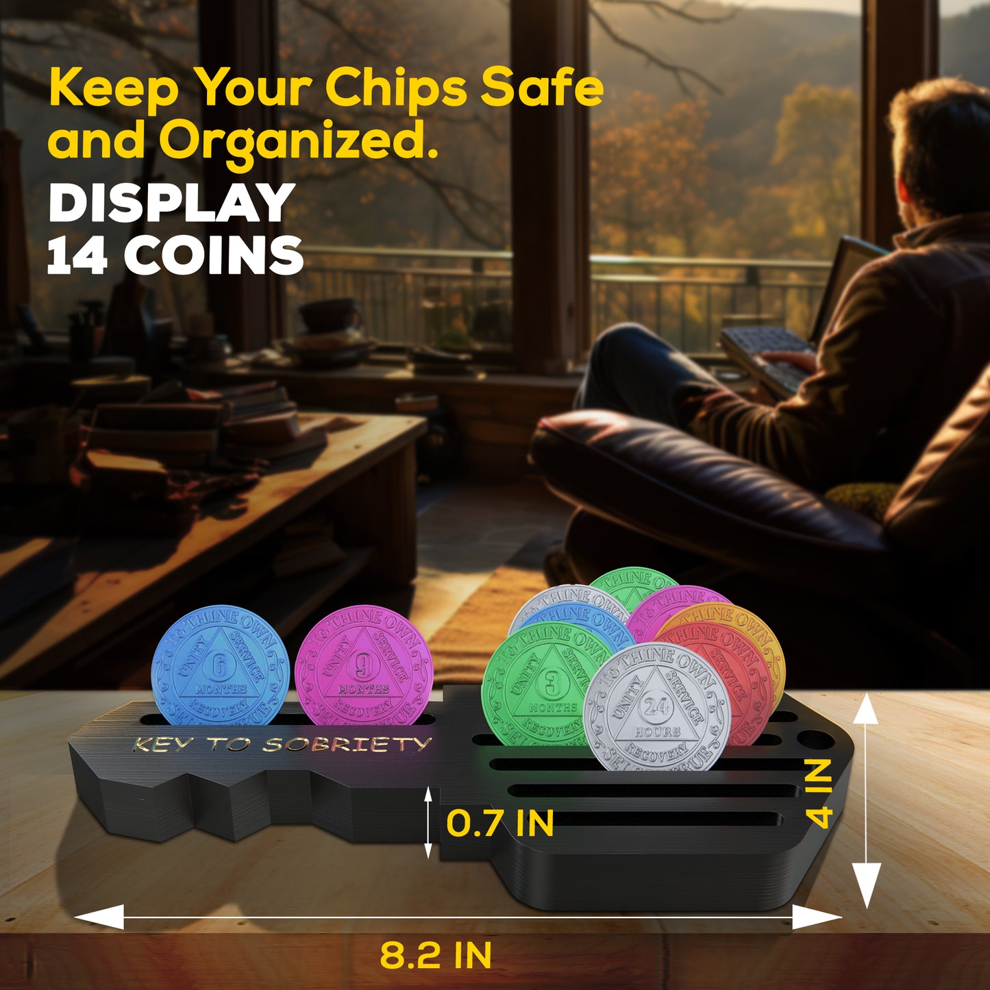 HOTCAN AA Coin Holder Key – AA Chip Holder & Sobriety Coin Holder for 14 Chips – Inspirational AA Recovery Gifts for Milestones – Pine Wood Sobriety Coin Display for Men and Women (Black)