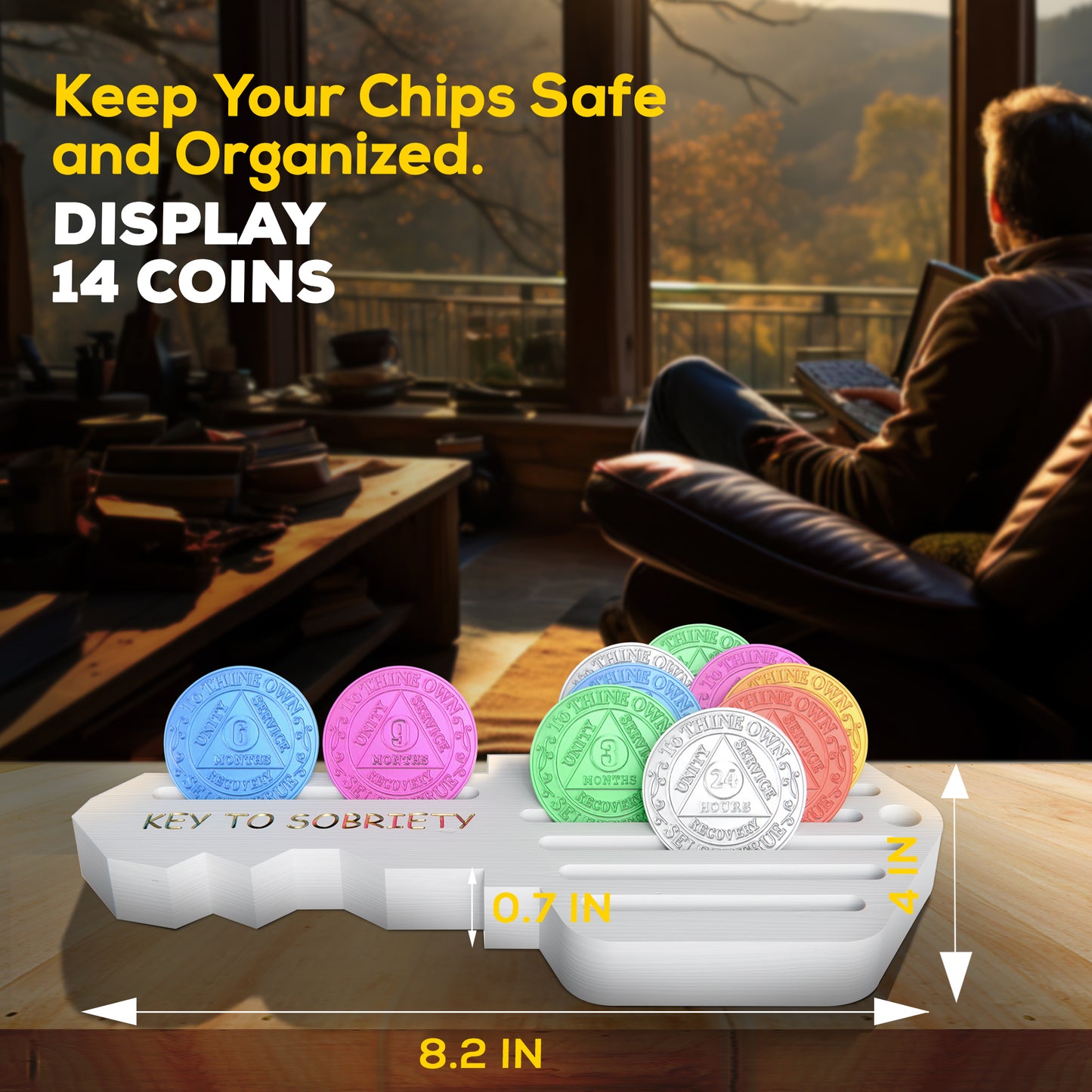 HOTCAN AA Coin Holder Key – AA Chip Holder & Sobriety Coin Holder for 14 Chips – Inspirational AA Recovery Gifts for Milestones – Pine Wood Sobriety Coin Display for Men and Women (White)