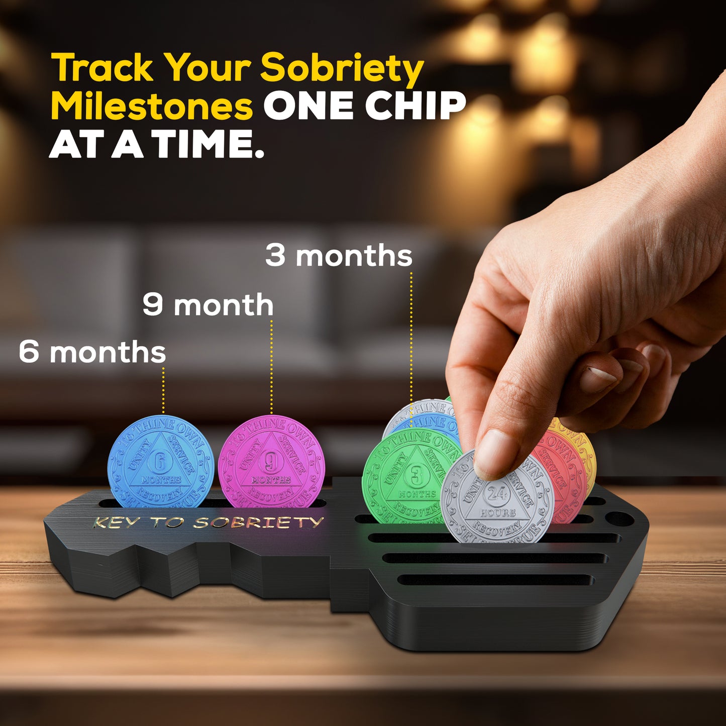 HOTCAN AA Coin Holder Key – AA Chip Holder & Sobriety Coin Holder for 14 Chips – Inspirational AA Recovery Gifts for Milestones – Pine Wood Sobriety Coin Display for Men and Women (Black)