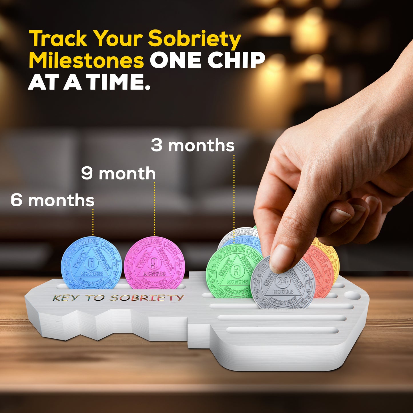 HOTCAN AA Coin Holder Key – AA Chip Holder & Sobriety Coin Holder for 14 Chips – Inspirational AA Recovery Gifts for Milestones – Pine Wood Sobriety Coin Display for Men and Women (White)