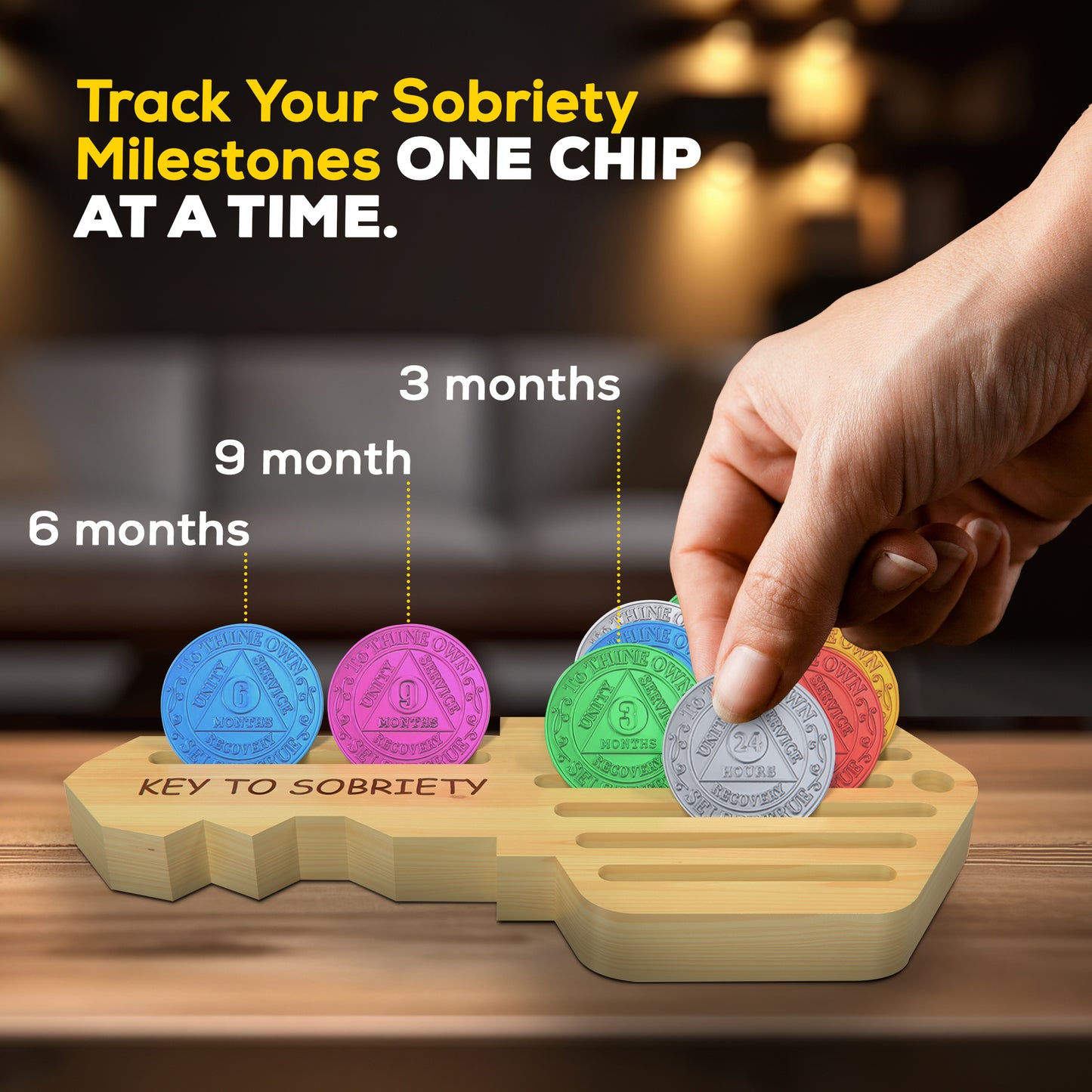 HOTCAN AA Coin Holder Key – AA Chip Holder & Sobriety Coin Holder for 14 Chips – Inspirational AA Recovery Gifts for Milestones – Pine Wood Sobriety Coin Display for Men and Women (Natural)