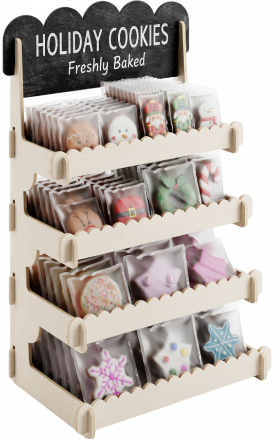 Cookie Display Stand for Bakers & Vendors - Wooden Cookie Stand with Chalkboard Sign for Market Booths, Craft Fairs & Events - Tiered Cookie Display for Cupcakes, Muffins & Pastries 4 Tier (Natural)