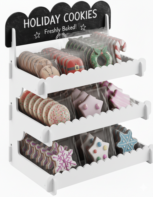 Cookie Display Stand for Bakers & Vendors - Wooden Cookie Stand with Chalkboard Sign for Market Booths, Craft Fairs & Events - Tiered Cookie Display for Cupcakes, Muffins & Pastries (White)