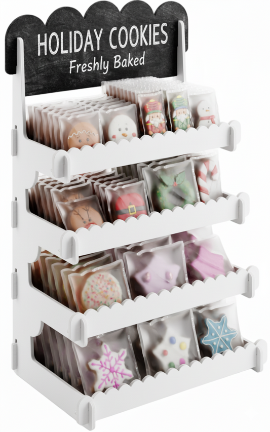 Cookie Display Stand for Bakers & Vendors - Wooden Cookie Stand with Chalkboard Sign for Market Booths, Craft Fairs & Events - Tiered Cookie Display for Cupcakes, Muffins & Pastries 4 Tier (White)