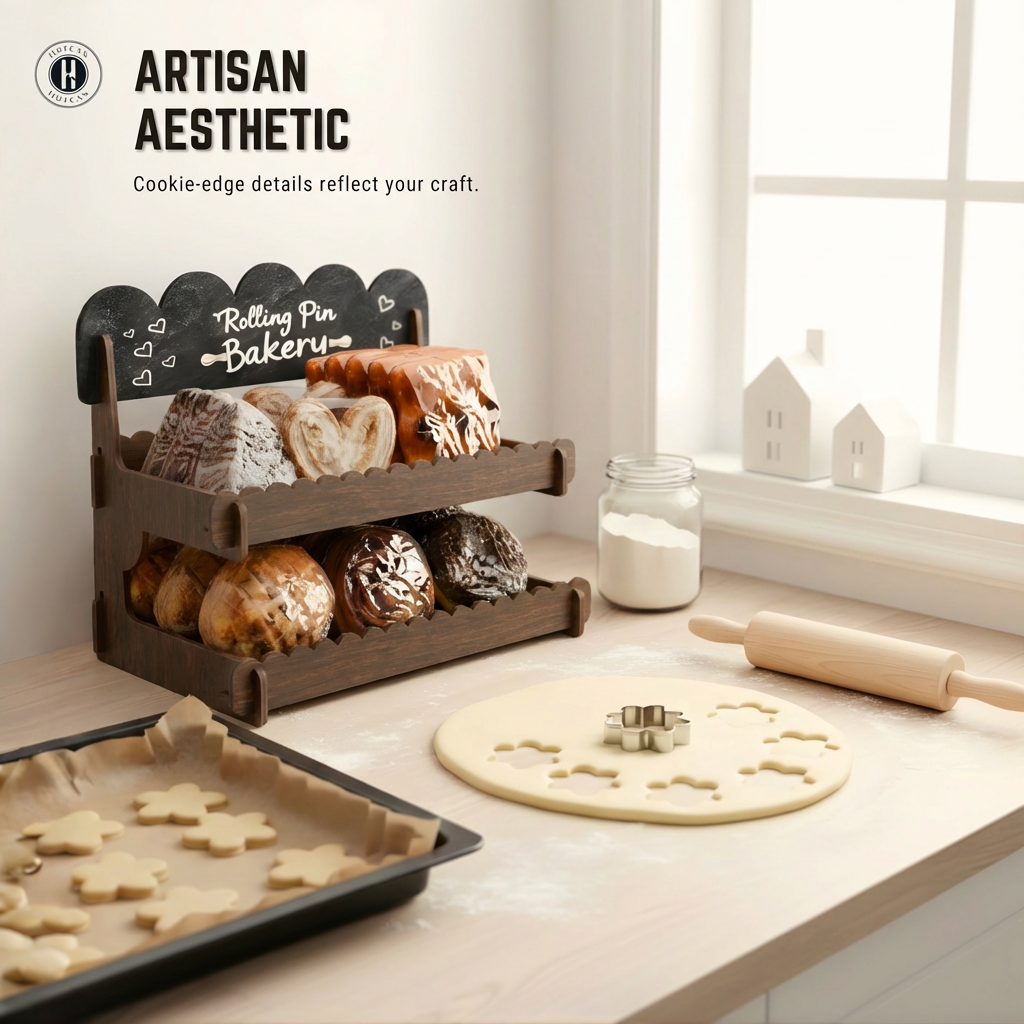 Cookie Display Stand for Bakers & Vendors - Wooden Cookie Stand with Chalkboard Sign for Market Booths, Craft Fairs & Events - Tiered Cookie Display for Cupcakes, Muffins & Pastries 2 Tier (Brown)