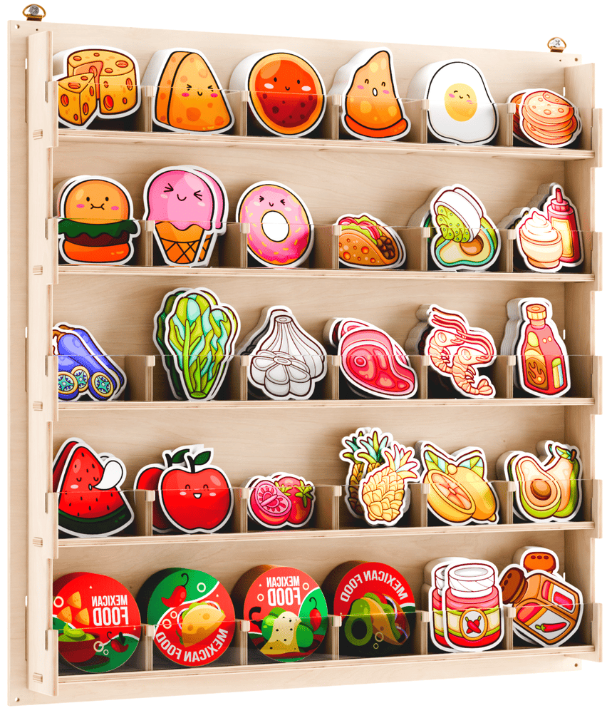 Wall Mount Sticker Display Stand for Vendors, Artists & Shops - Clear Acrylic Sticker Holder for Craft Fairs, Retail & Classroom Sticker Store - Plywood Sticker Organizer (30 Pocket)