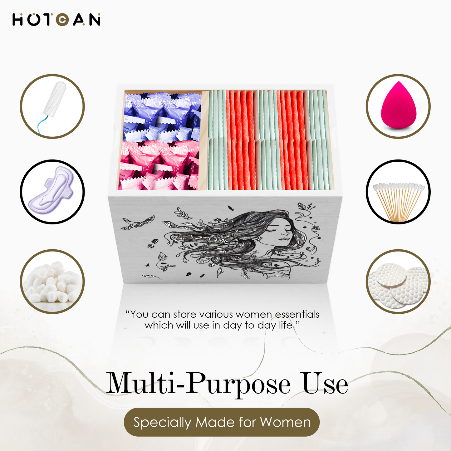 HOTCAN Wooden Tampon Holder for Bathroom - Tampon Organizer with Woman Enjoying the Moment Pattern - Discreet Bathroom Organizer for Private Pad Storage - Gift for Her