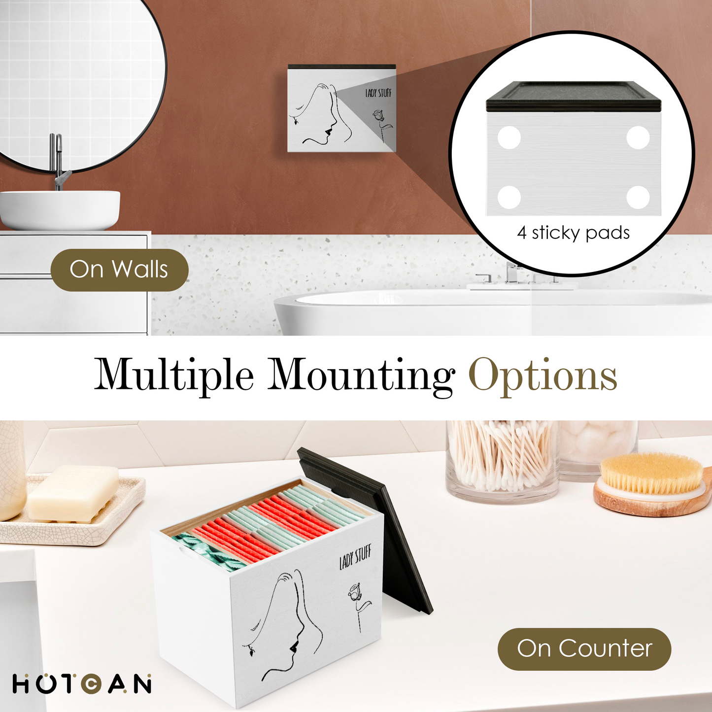 HOTCAN Wooden Tampon Holder for Bathroom - Feminine Product Organizer with Lady Stuff Pattern - Bathroom Organizer Box for Private Tampon Storage - Gift for Her