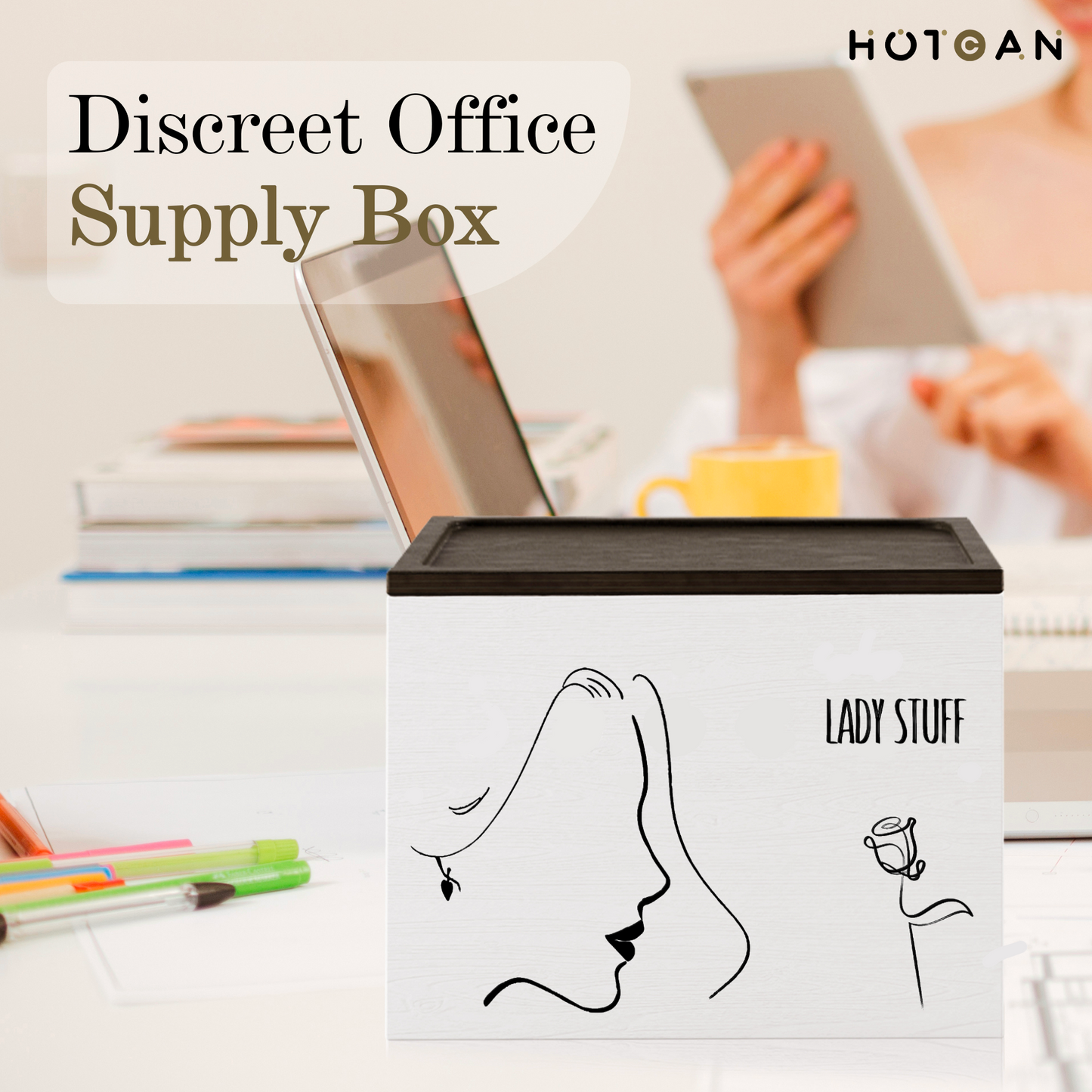 HOTCAN Wooden Tampon Holder for Bathroom - Feminine Product Organizer with Lady Stuff Pattern - Bathroom Organizer Box for Private Tampon Storage - Gift for Her