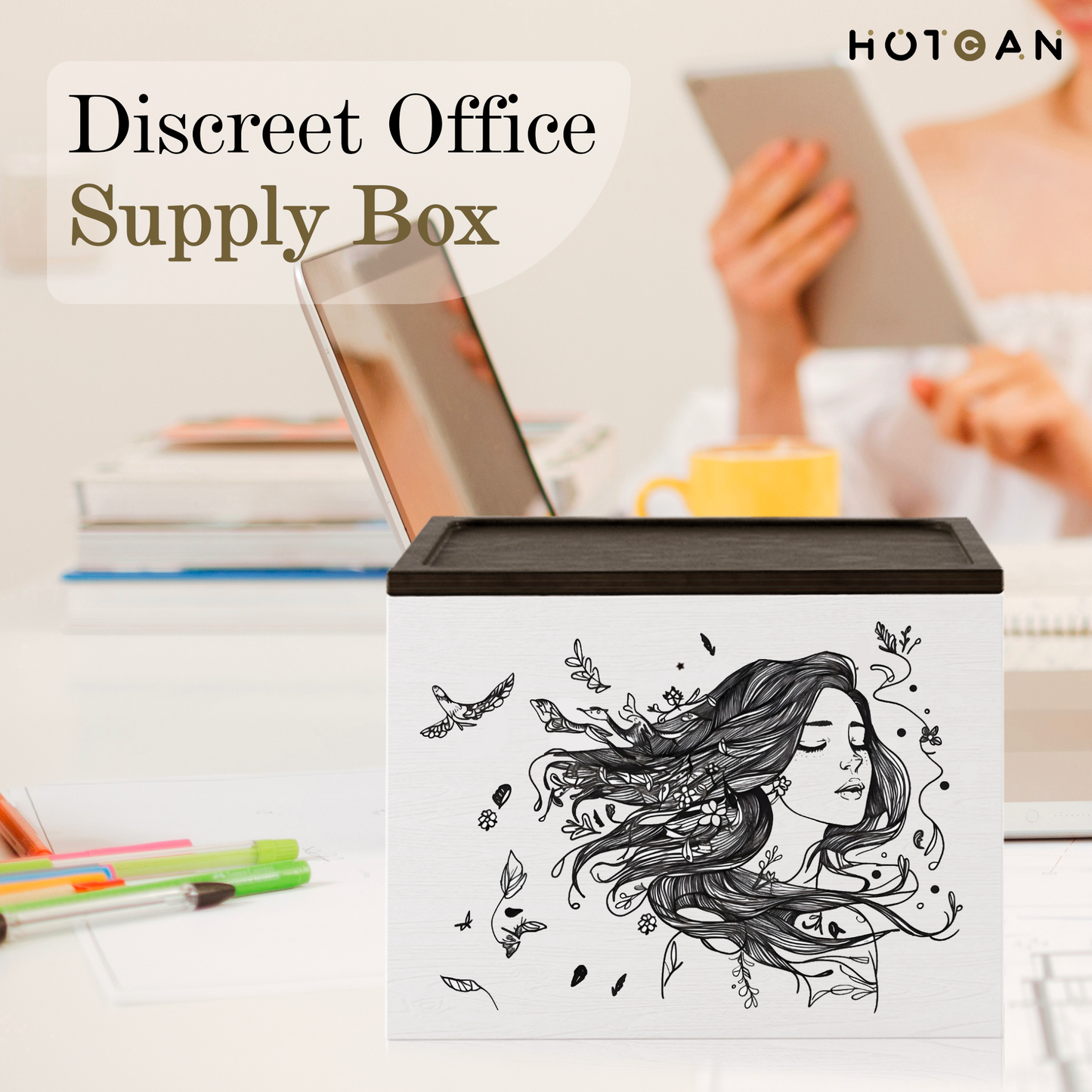 HOTCAN Wooden Tampon Holder for Bathroom - Tampon Organizer with Woman Enjoying the Moment Pattern - Discreet Bathroom Organizer for Private Pad Storage - Gift for Her