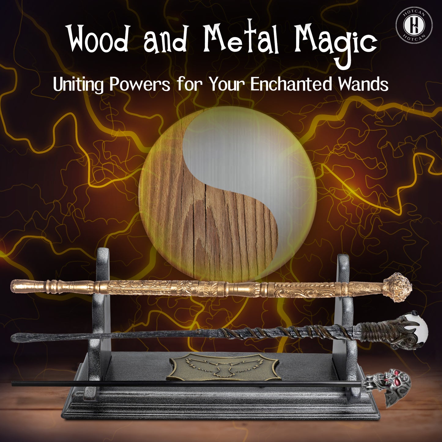 HOTCAN Wooden Magic Wand Holder and Display Stand - Mystical Fusion of Beech Wood and Metal - Owl Emblem Accent