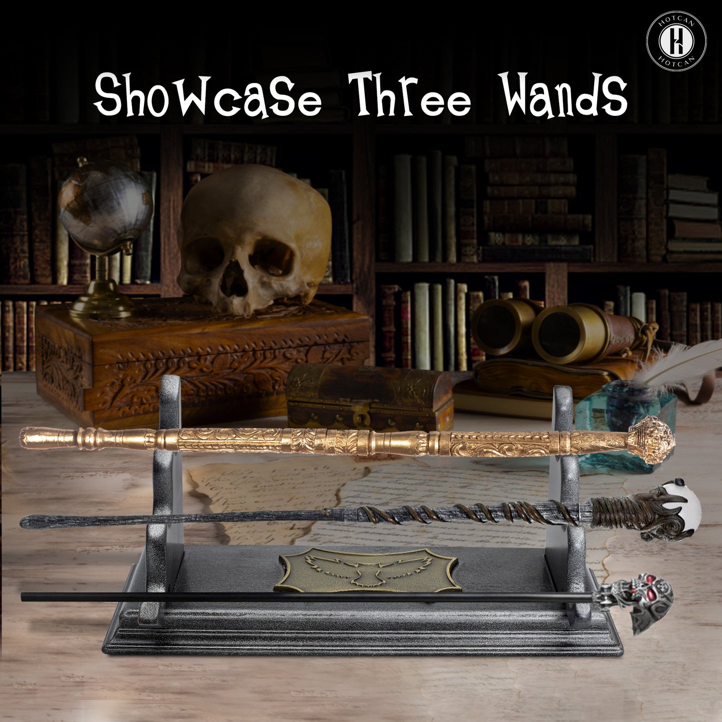 HOTCAN Wooden Magic Wand Holder and Display Stand - Mystical Fusion of Beech Wood and Metal - Owl Emblem Accent