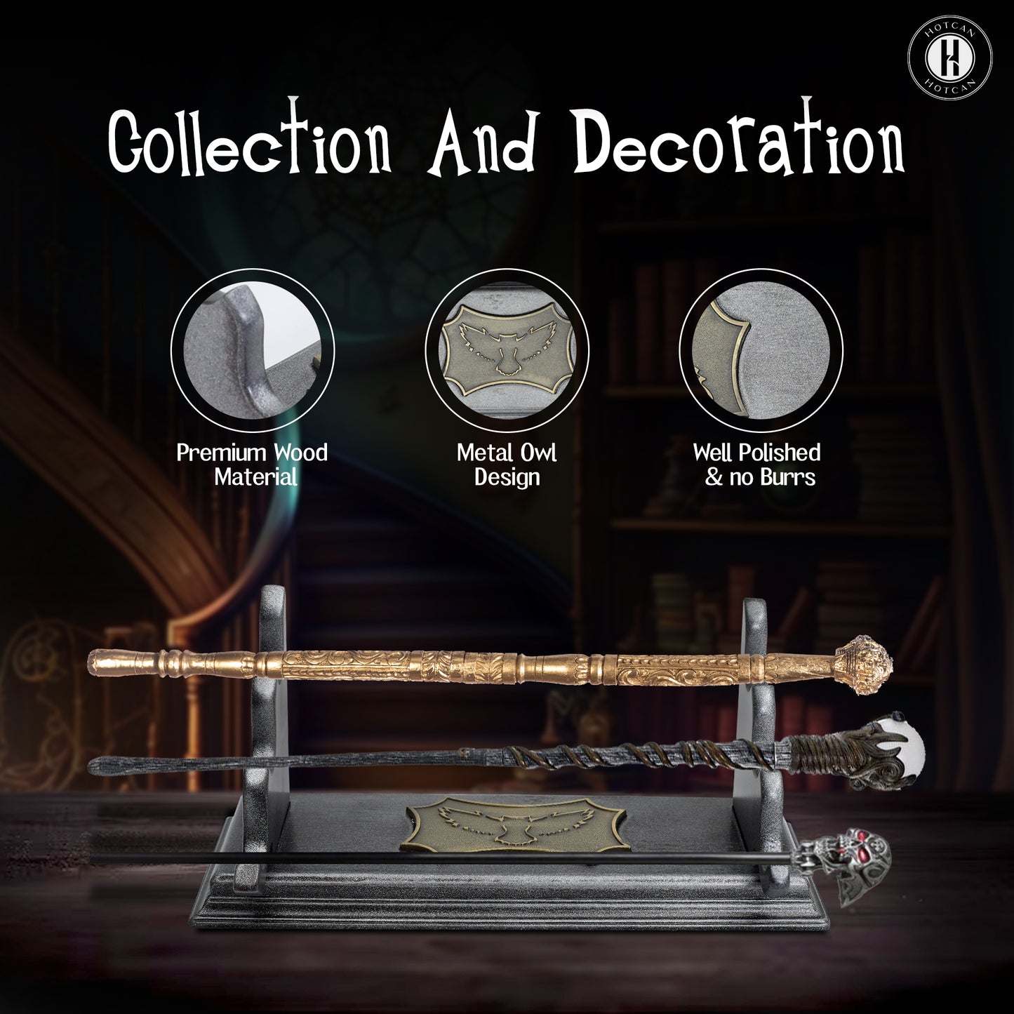 HOTCAN Wooden Magic Wand Holder and Display Stand - Mystical Fusion of Beech Wood and Metal - Owl Emblem Accent
