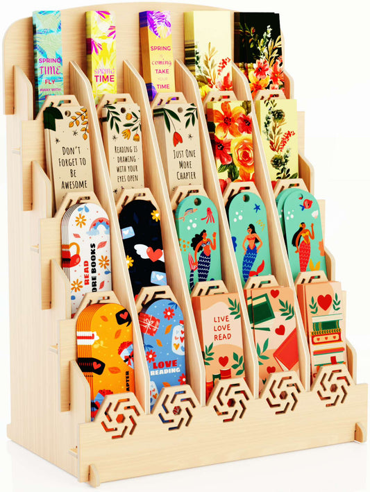 Bookmark Display Stand for Vendors – Wooden Bookmark Holder Display with Customizable Space, Mobile-Friendly Design – Versatile Holder for Craft Fairs, Vendor Booths, and Shops, 20 Pocket