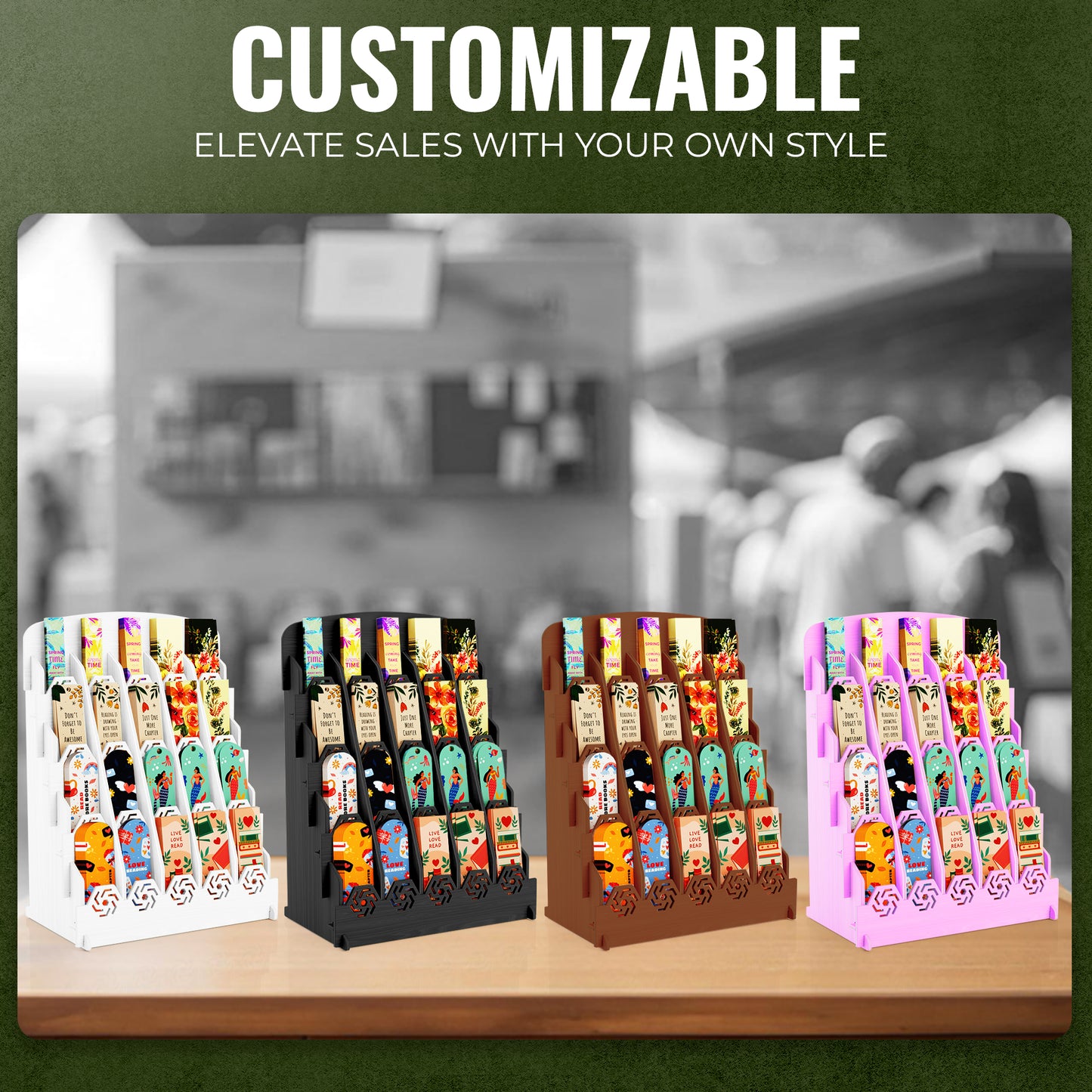 Bookmark Display Stand for Vendors – Wooden Bookmark Holder Display with Customizable Space, Mobile-Friendly Design – Versatile Holder for Craft Fairs, Vendor Booths, and Shops, 16 Pocket