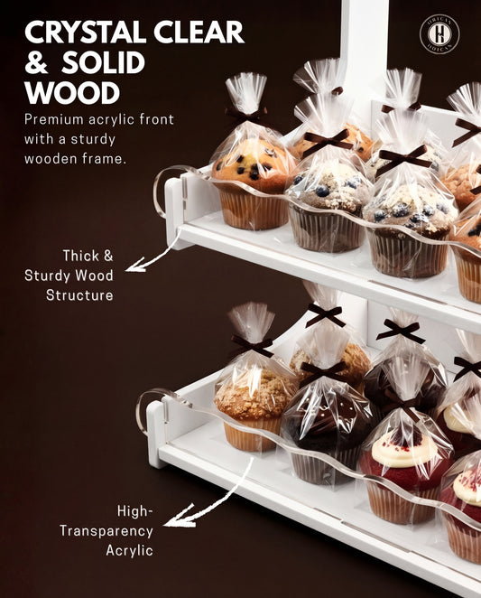 Cookie Display Stand for Bakers & Vendors with Acrylic Front - Wooden Cookie Stand with Chalkboard Sign for Market Booths, Craft Fairs & Events - Tiered Cookie Display for Cupcakes, Muffins & Pastries (White)