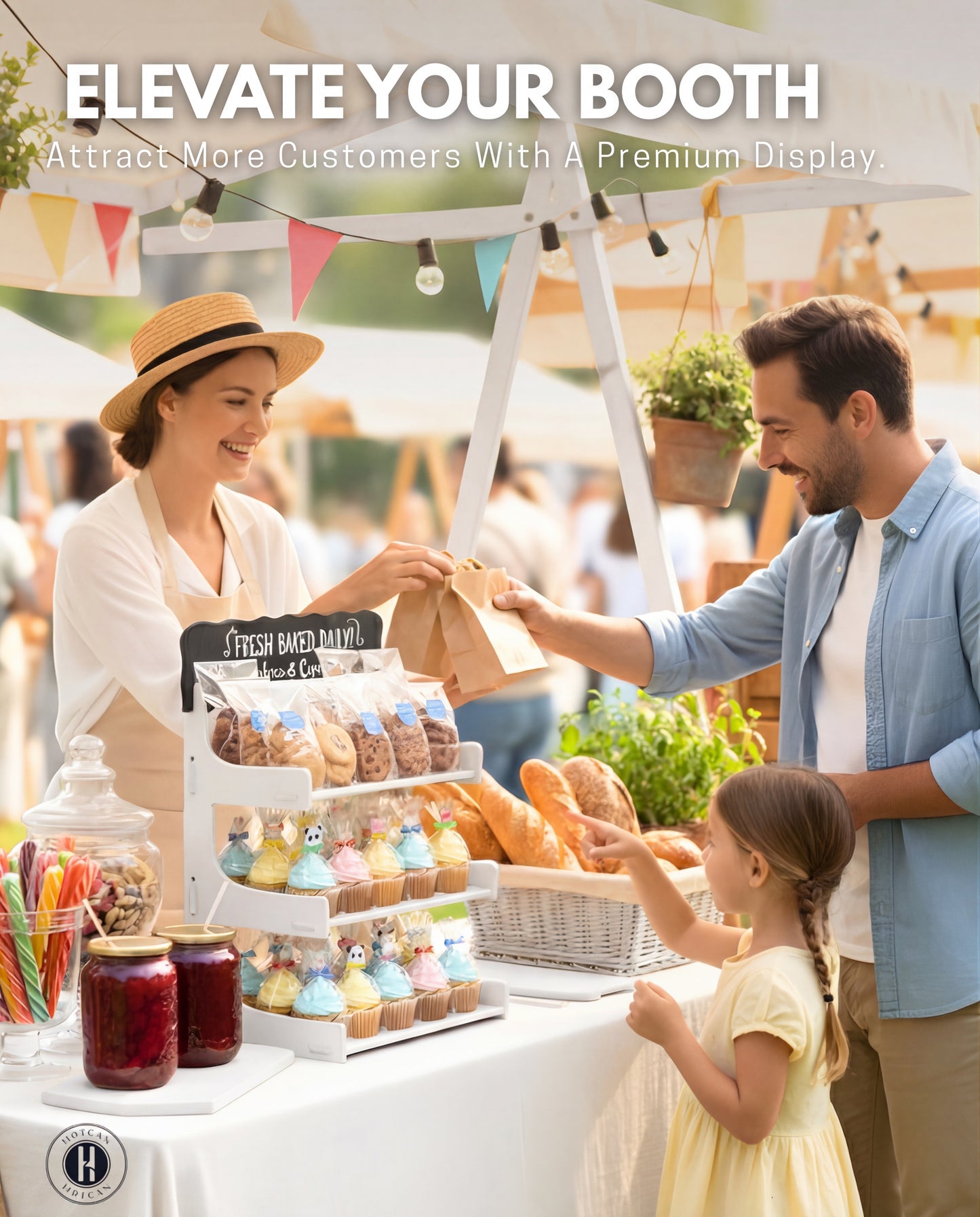 Cookie Display Stand for Bakers & Vendors with Acrylic Front - Wooden Cookie Stand with Chalkboard Sign for Market Booths, Craft Fairs & Events - Tiered Cookie Display for Cupcakes, Muffins & Pastries (White)