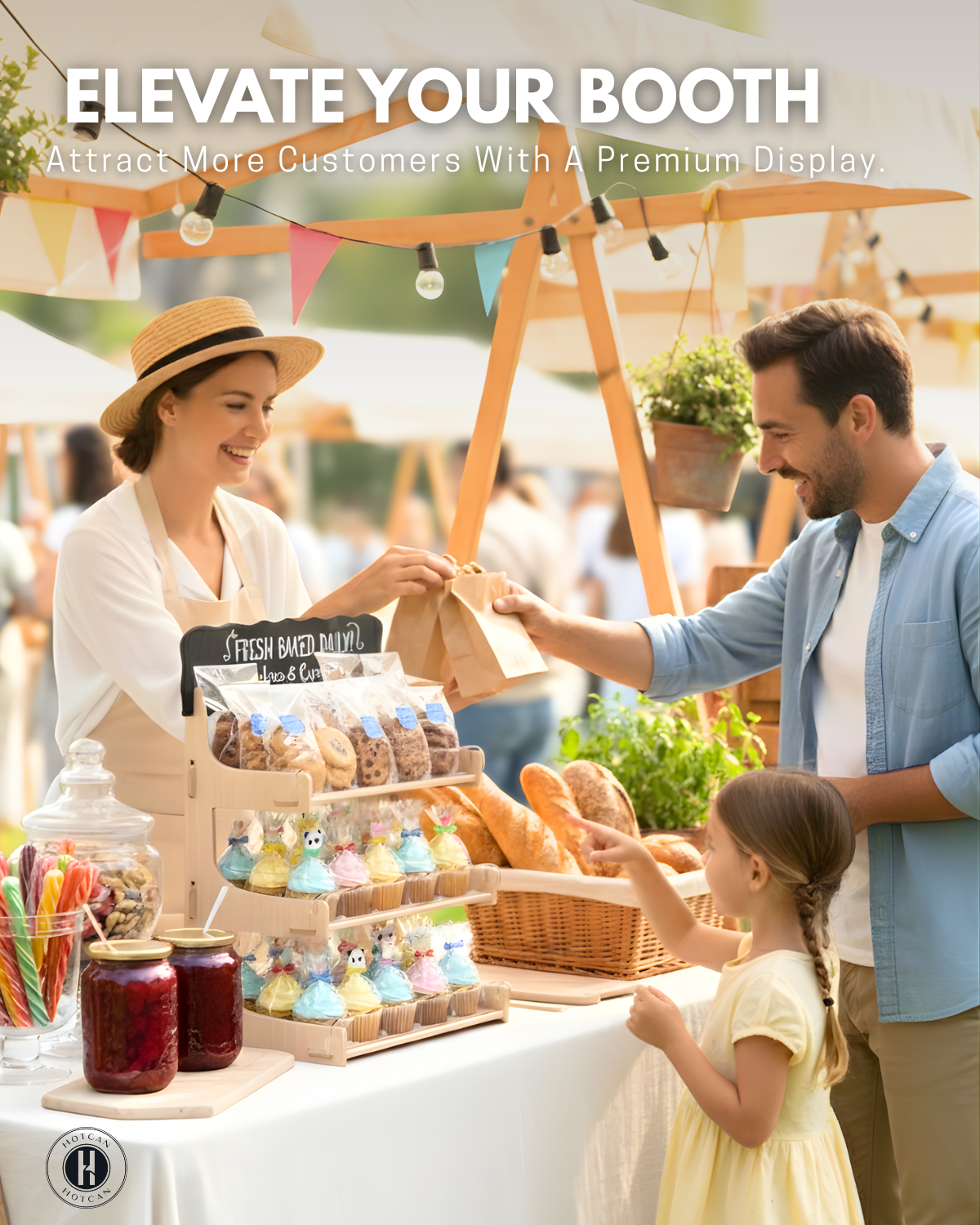 Cookie Display Stand for Bakers & Vendors with Acrylic Front - Wooden Cookie Stand with Chalkboard Sign for Market Booths, Craft Fairs & Events - Tiered Cookie Display for Cupcakes, Muffins & Pastries (Natural)