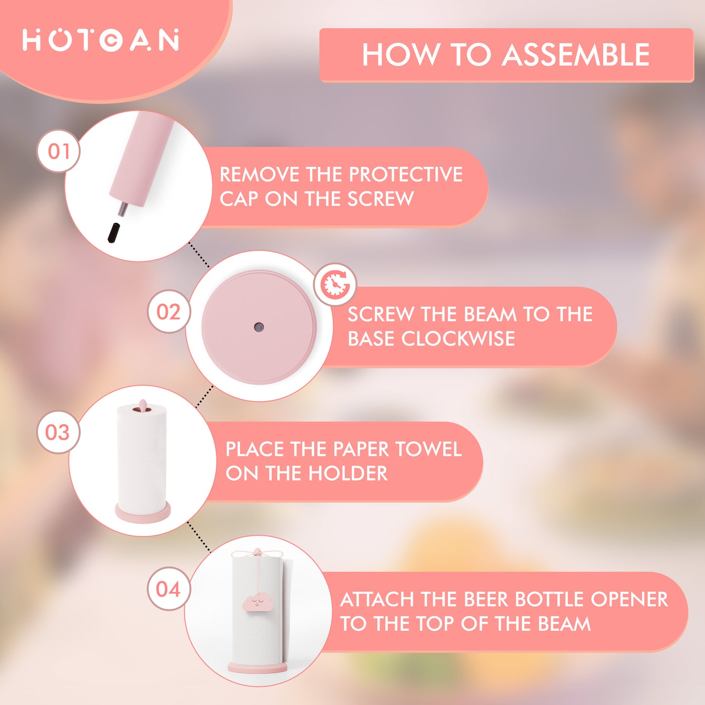 HOTCAN Pink Paper Towel Holder for Countertop, Cute Paper Towel Holder with Beer Bottle Opener, Pink Kitchen Accessories Made of Beech Wood, Pink Home Decor, Windproof Design for Outdoor Use