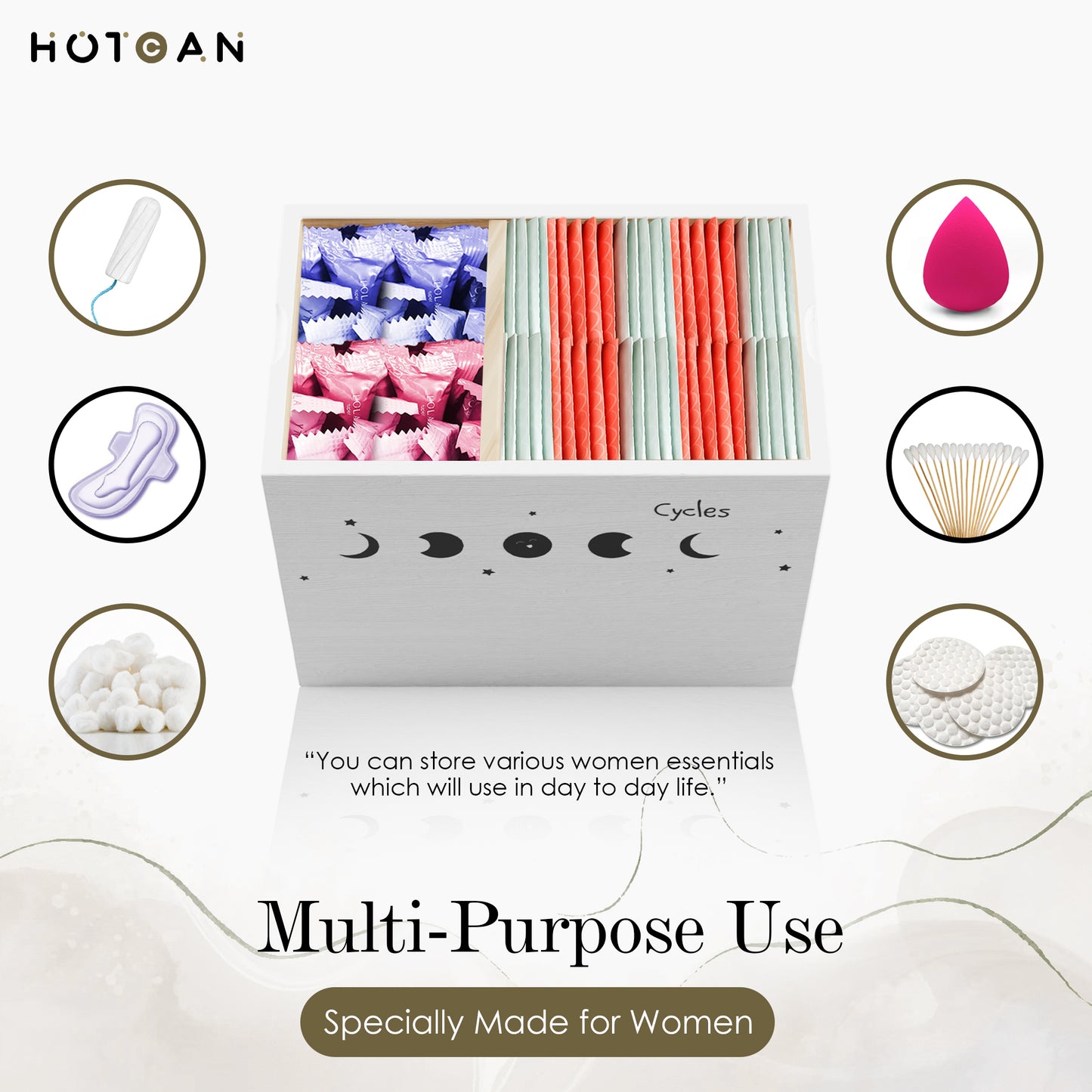 HOTCAN Discreet Tampon Holder for Bathroom with Vanity Tray Lid, Tampon Organizer for bathroom for Wall or Countertop Mount, Wood Tampon Dispenser, Feminine Product Organizer, White Small Storage Box