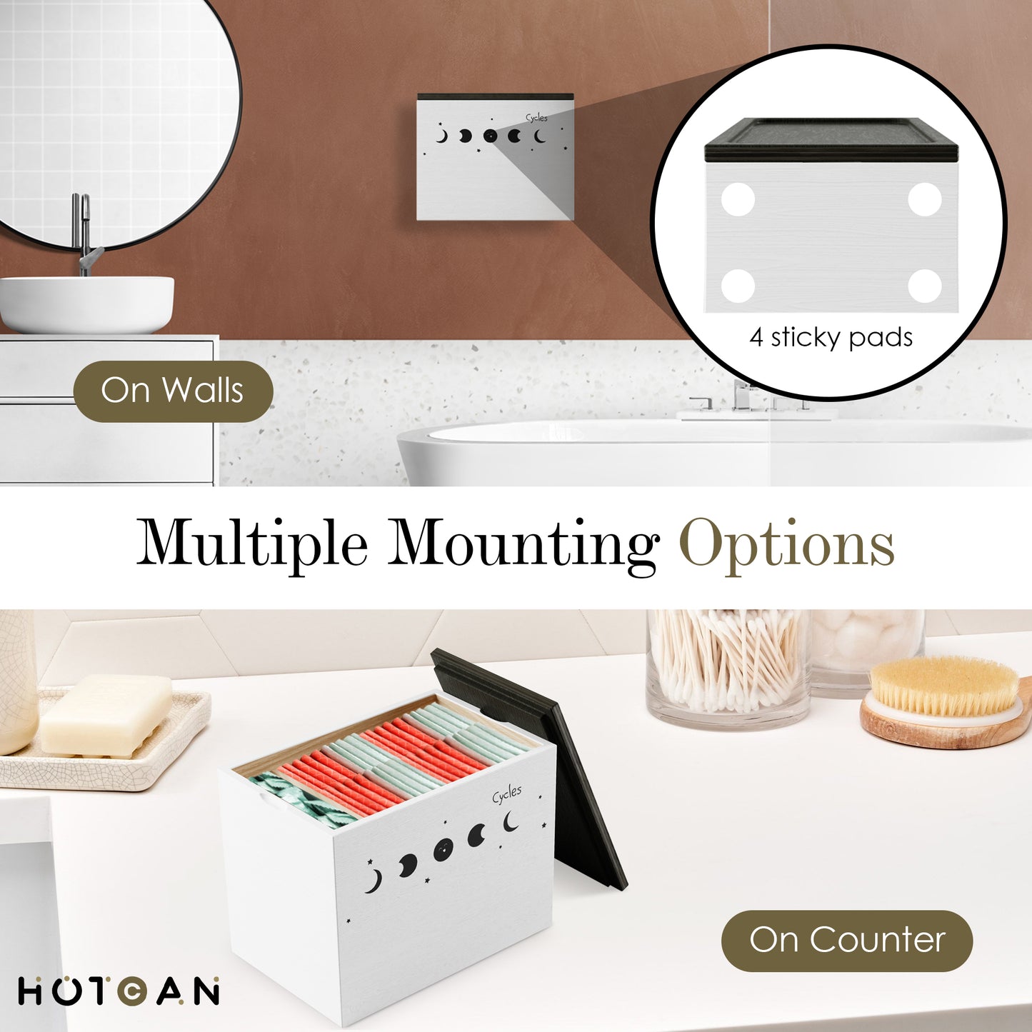 HOTCAN Discreet Tampon Holder for Bathroom with Vanity Tray Lid, Tampon Organizer for bathroom for Wall or Countertop Mount, Wood Tampon Dispenser, Feminine Product Organizer, White Small Storage Box