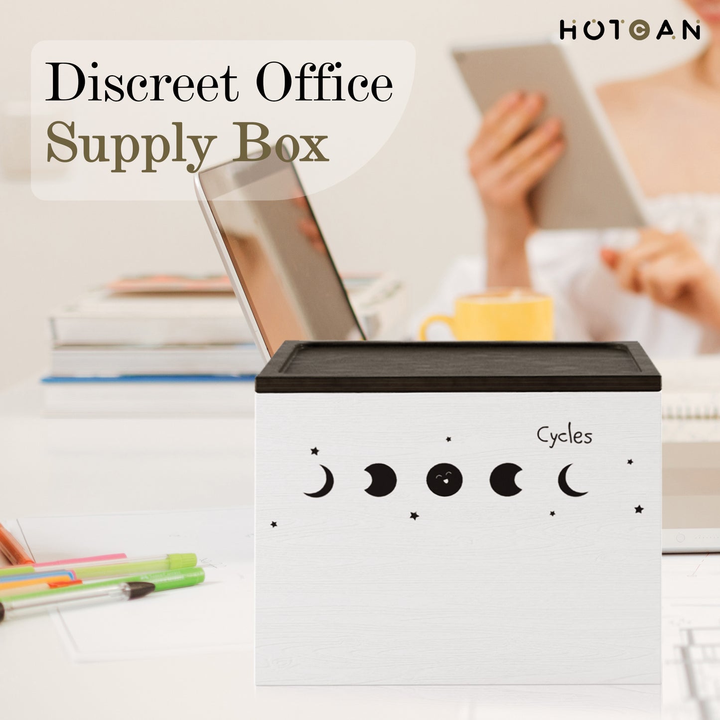 HOTCAN Discreet Tampon Holder for Bathroom with Vanity Tray Lid, Tampon Organizer for bathroom for Wall or Countertop Mount, Wood Tampon Dispenser, Feminine Product Organizer, White Small Storage Box