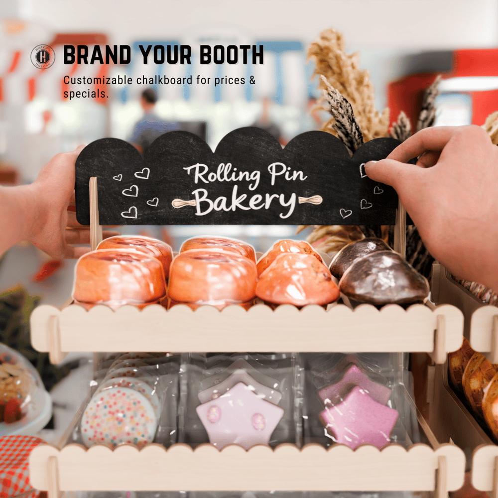 Cookie Display Stand for Bakers & Vendors - Wooden Cookie Stand with Chalkboard Sign for Market Booths, Craft Fairs & Events - Tiered Cookie Display for Cupcakes, Muffins & Pastries