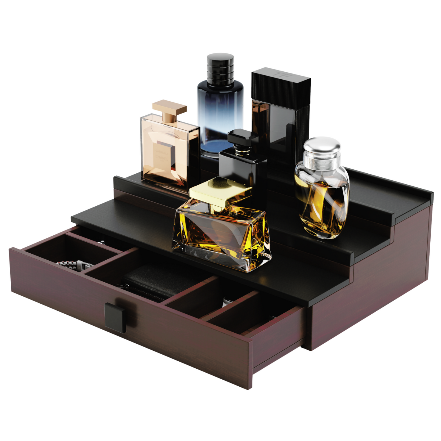 HOTCAN Wooden Cologne Organizer for Men - 3 Tier Display Shelf with Drawer and Hidden Compartment - Perfect for Organizing and Storing Colognes and Accessories - A Great Gift for Men