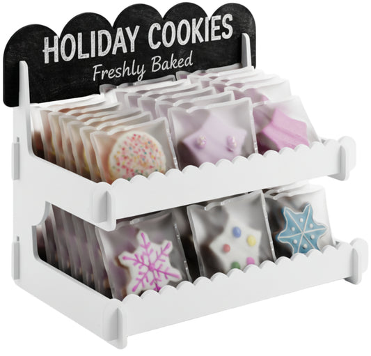 Cookie Display Stand for Bakers & Vendors - Wooden Cookie Stand with Chalkboard Sign for Market Booths, Craft Fairs & Events - Tiered Cookie Display for Cupcakes, Muffins & Pastries 2 Tier (White)