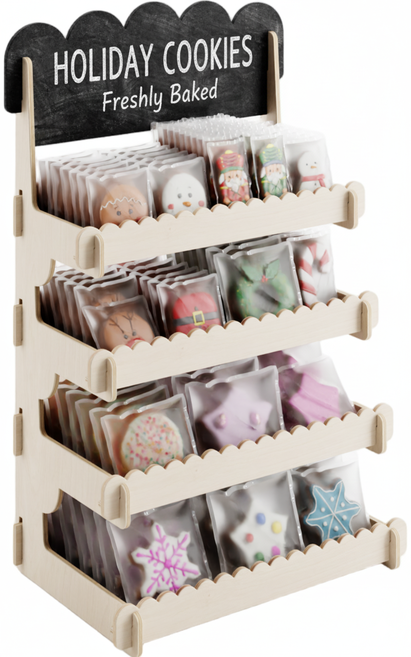 Cookie Display Stand for Bakers & Vendors - Wooden Cookie Stand with Chalkboard Sign for Market Booths, Craft Fairs & Events - Tiered Cookie Display for Cupcakes, Muffins & Pastries 4 Tier (Natural)