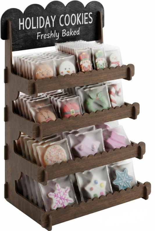 Cookie Display Stand for Bakers & Vendors - Wooden Cookie Stand with Chalkboard Sign for Market Booths, Craft Fairs & Events - Tiered Cookie Display for Cupcakes, Muffins & Pastries 4 Tier (Brown)