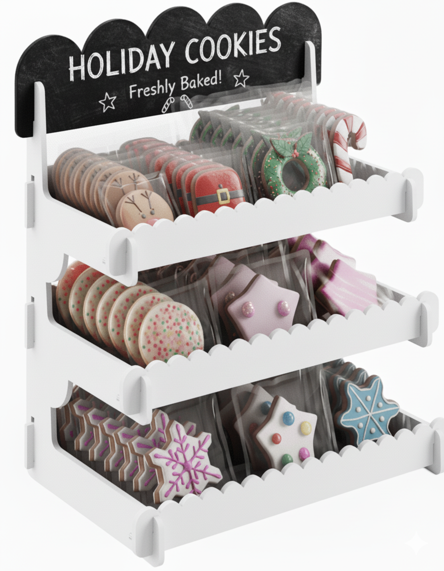 Cookie Display Stand for Bakers & Vendors - Wooden Cookie Stand with Chalkboard Sign for Market Booths, Craft Fairs & Events - Tiered Cookie Display for Cupcakes, Muffins & Pastries (White)