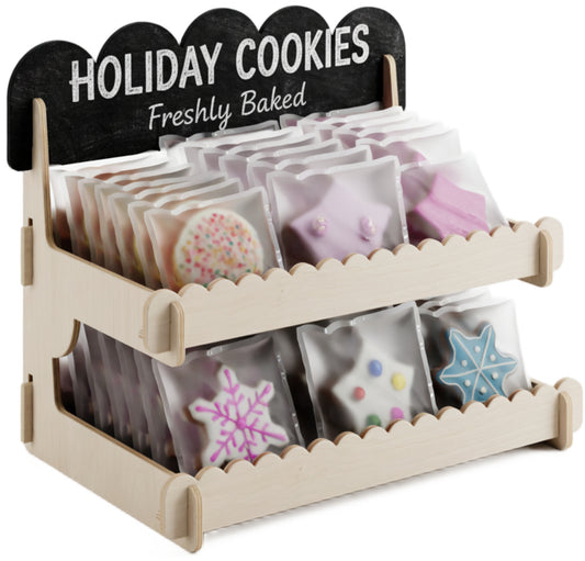Cookie Display Stand for Bakers & Vendors - Wooden Cookie Stand with Chalkboard Sign for Market Booths, Craft Fairs & Events - Tiered Cookie Display for Cupcakes, Muffins & Pastries (Natural)-2 Tier