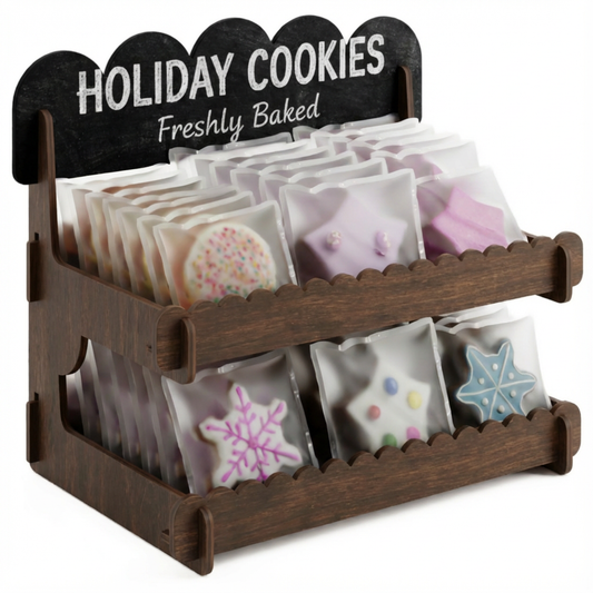 Cookie Display Stand for Bakers & Vendors - Wooden Cookie Stand with Chalkboard Sign for Market Booths, Craft Fairs & Events - Tiered Cookie Display for Cupcakes, Muffins & Pastries 2 Tier (Brown)