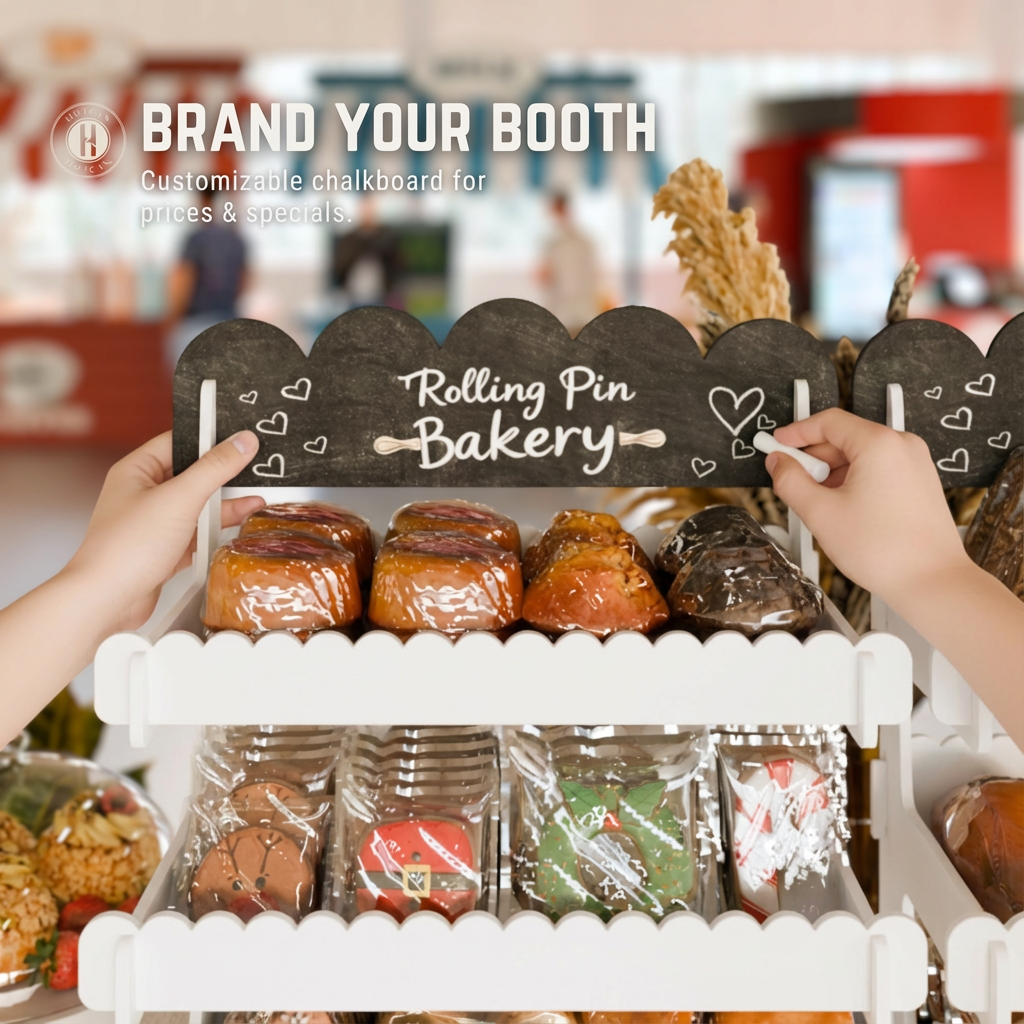 Cookie Display Stand for Bakers & Vendors - Wooden Cookie Stand with Chalkboard Sign for Market Booths, Craft Fairs & Events - Tiered Cookie Display for Cupcakes, Muffins & Pastries 4 Tier (White)