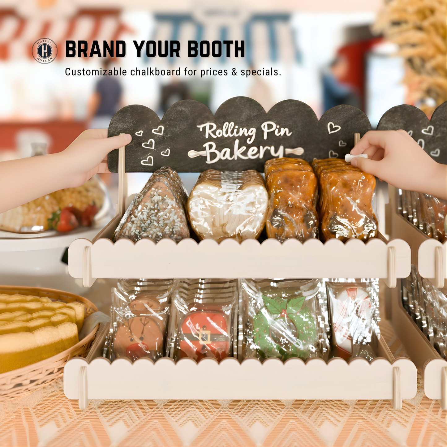 Cookie Display Stand for Bakers & Vendors - Wooden Cookie Stand with Chalkboard Sign for Market Booths, Craft Fairs & Events - Tiered Cookie Display for Cupcakes, Muffins & Pastries (Natural)-2 Tier