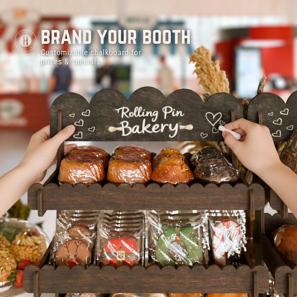 Cookie Display Stand for Bakers & Vendors - Wooden Cookie Stand with Chalkboard Sign for Market Booths, Craft Fairs & Events - Tiered Cookie Display for Cupcakes, Muffins & Pastries 4 Tier (Brown)