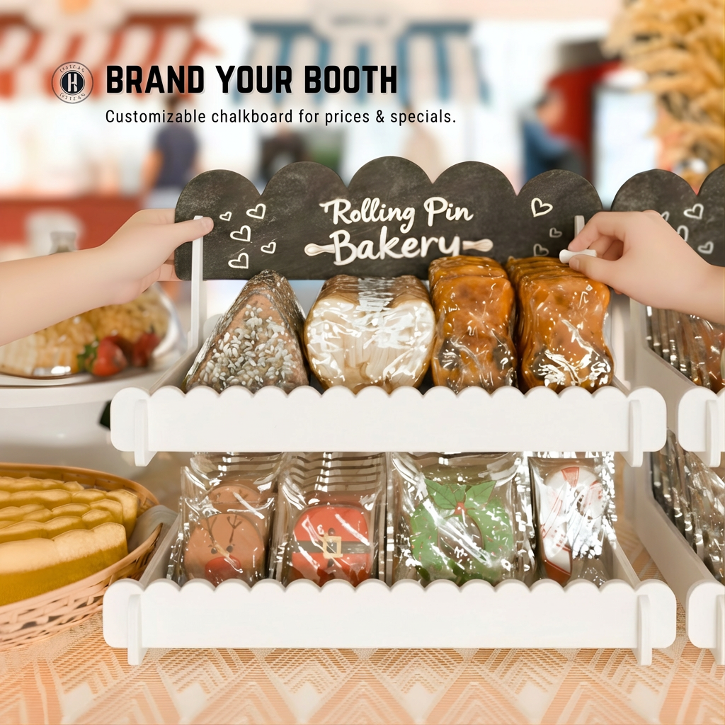 Cookie Display Stand for Bakers & Vendors - Wooden Cookie Stand with Chalkboard Sign for Market Booths, Craft Fairs & Events - Tiered Cookie Display for Cupcakes, Muffins & Pastries 2 Tier (White)