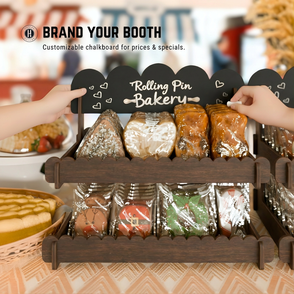 Cookie Display Stand for Bakers & Vendors - Wooden Cookie Stand with Chalkboard Sign for Market Booths, Craft Fairs & Events - Tiered Cookie Display for Cupcakes, Muffins & Pastries 2 Tier (Brown)