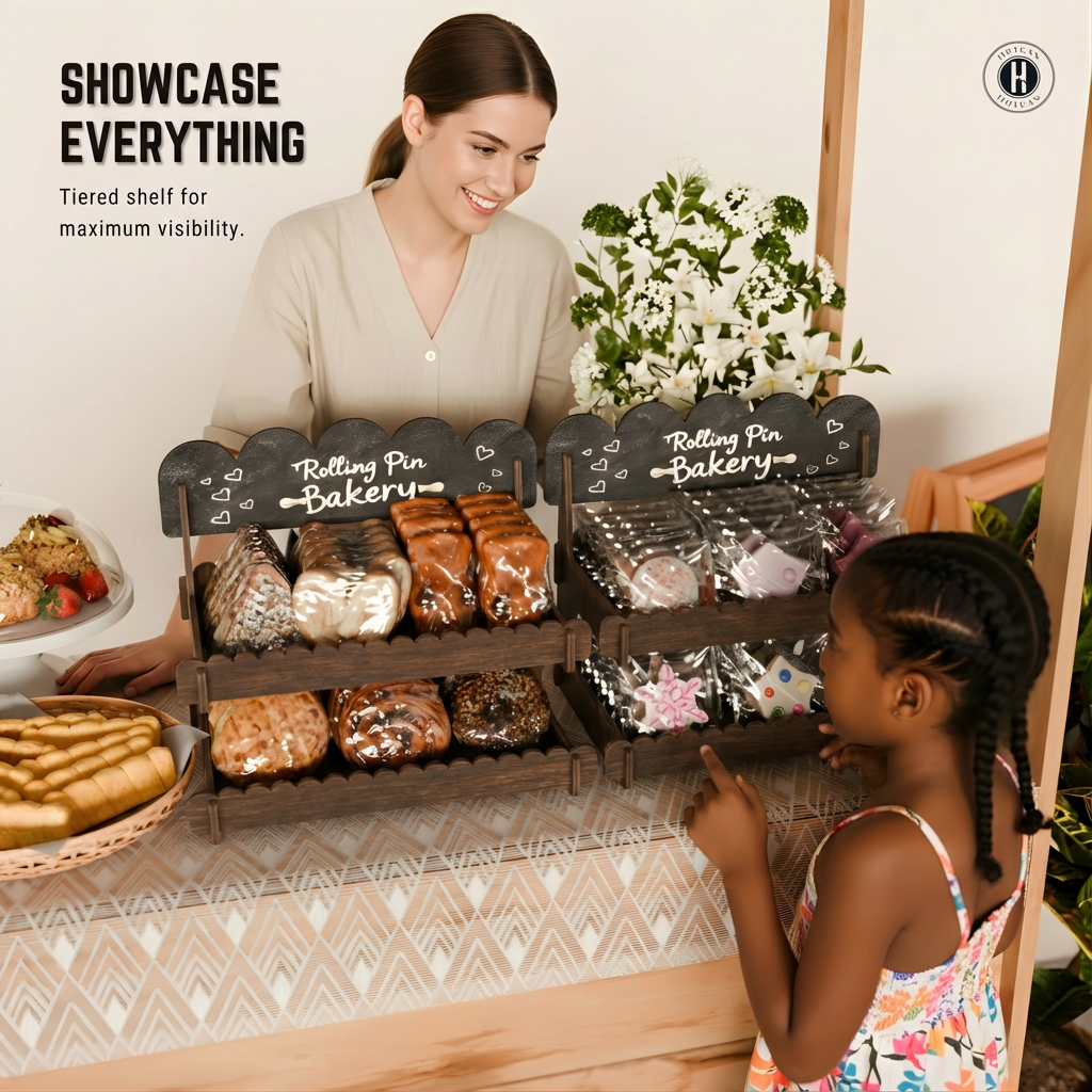 Cookie Display Stand for Bakers & Vendors - Wooden Cookie Stand with Chalkboard Sign for Market Booths, Craft Fairs & Events - Tiered Cookie Display for Cupcakes, Muffins & Pastries 2 Tier (Brown)