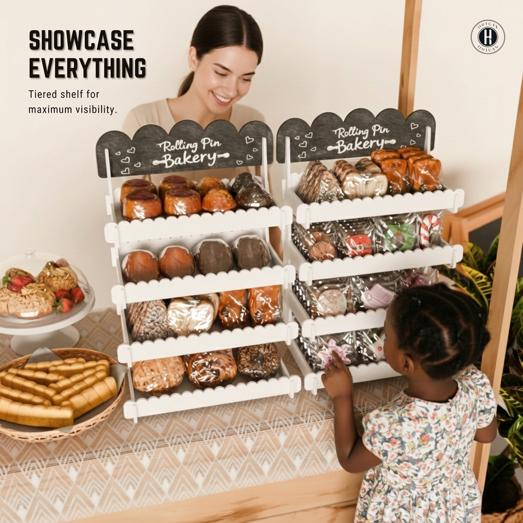 Cookie Display Stand for Bakers & Vendors - Wooden Cookie Stand with Chalkboard Sign for Market Booths, Craft Fairs & Events - Tiered Cookie Display for Cupcakes, Muffins & Pastries 4 Tier (White)