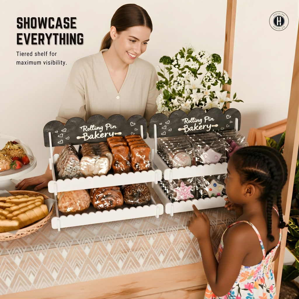 Cookie Display Stand for Bakers & Vendors - Wooden Cookie Stand with Chalkboard Sign for Market Booths, Craft Fairs & Events - Tiered Cookie Display for Cupcakes, Muffins & Pastries 2 Tier (White)