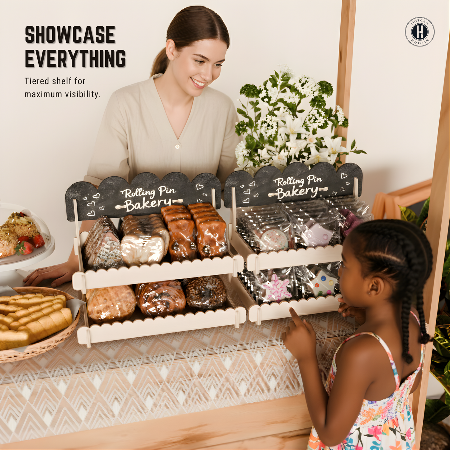 Cookie Display Stand for Bakers & Vendors - Wooden Cookie Stand with Chalkboard Sign for Market Booths, Craft Fairs & Events - Tiered Cookie Display for Cupcakes, Muffins & Pastries (Natural)-2 Tier