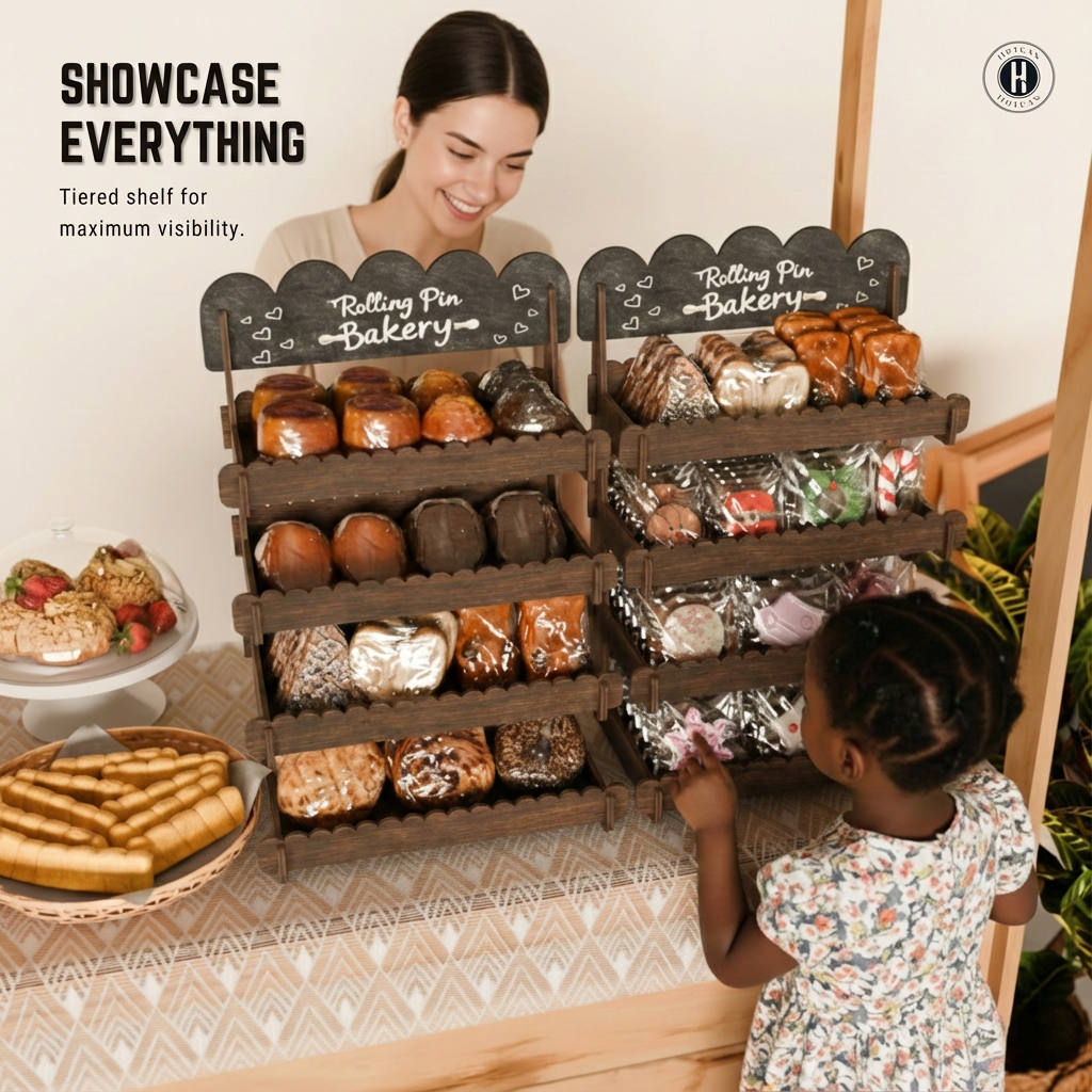 Cookie Display Stand for Bakers & Vendors - Wooden Cookie Stand with Chalkboard Sign for Market Booths, Craft Fairs & Events - Tiered Cookie Display for Cupcakes, Muffins & Pastries 4 Tier (Brown)