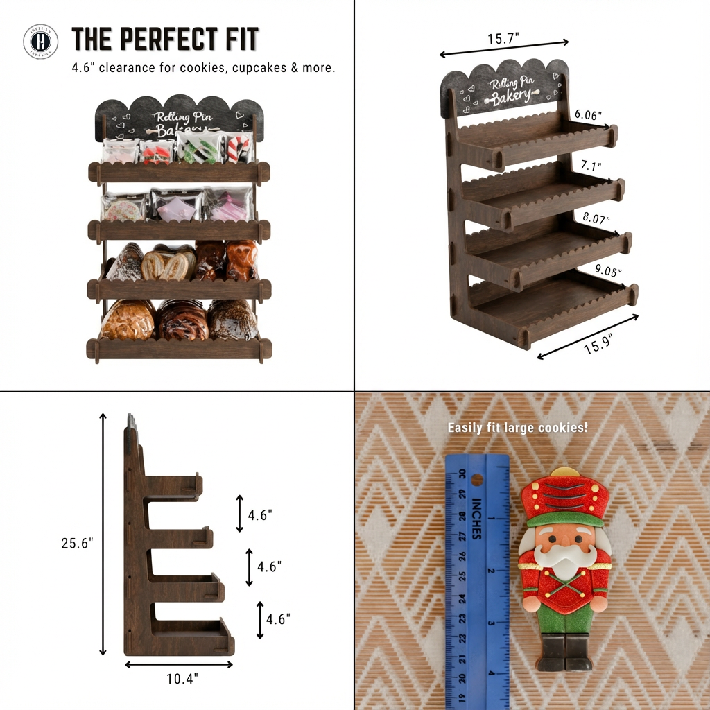 Cookie Display Stand for Bakers & Vendors - Wooden Cookie Stand with Chalkboard Sign for Market Booths, Craft Fairs & Events - Tiered Cookie Display for Cupcakes, Muffins & Pastries 4 Tier (Brown)