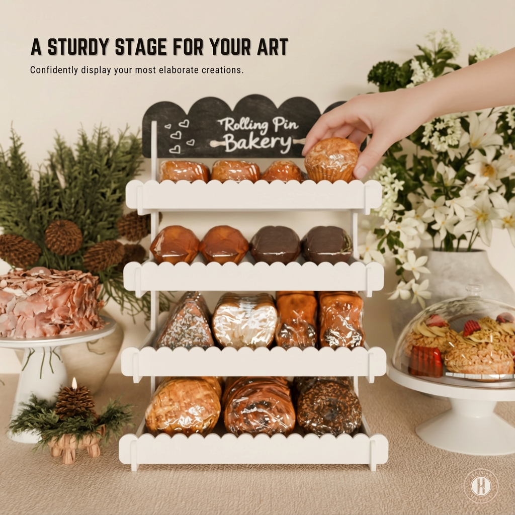 Cookie Display Stand for Bakers & Vendors - Wooden Cookie Stand with Chalkboard Sign for Market Booths, Craft Fairs & Events - Tiered Cookie Display for Cupcakes, Muffins & Pastries 4 Tier (White)