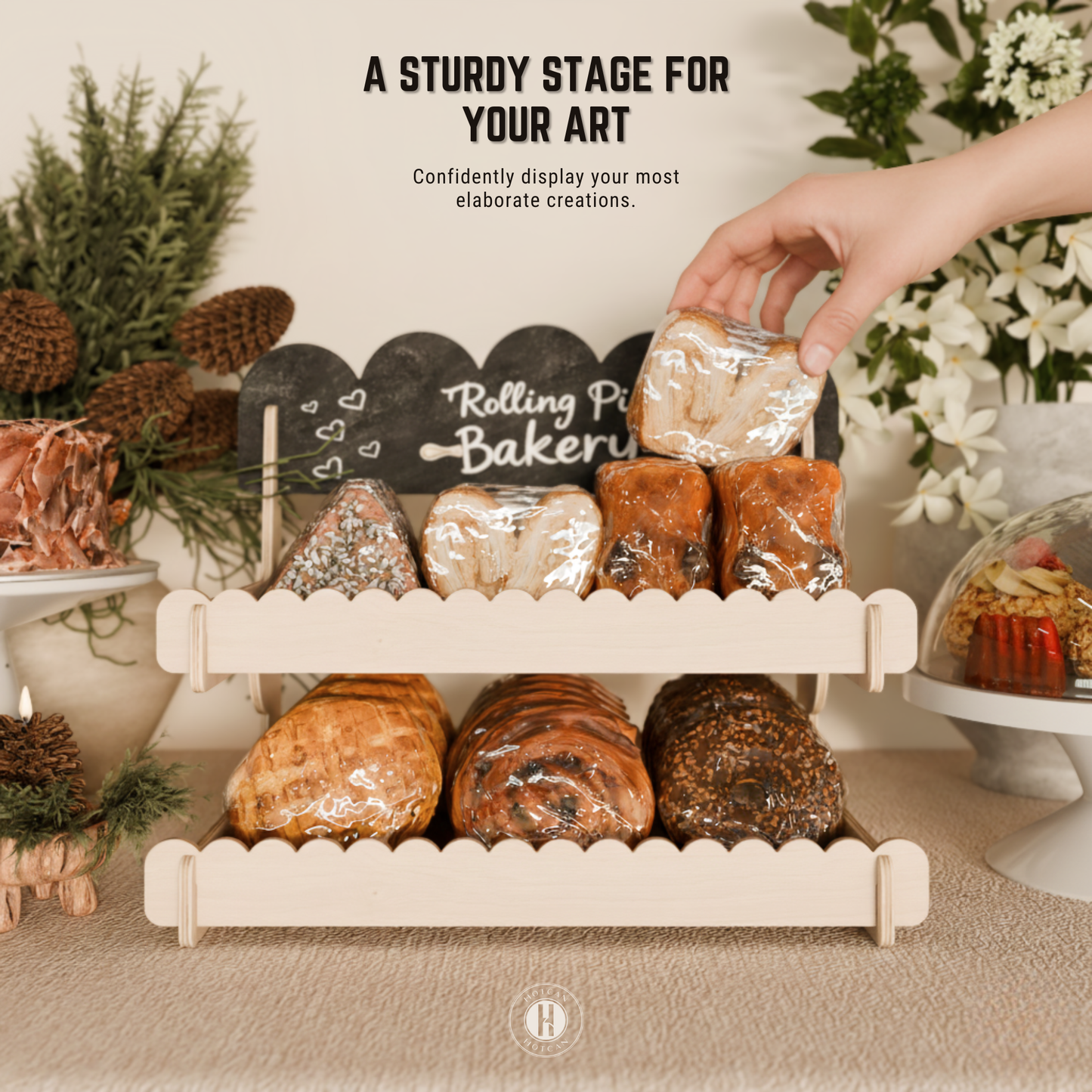 Cookie Display Stand for Bakers & Vendors - Wooden Cookie Stand with Chalkboard Sign for Market Booths, Craft Fairs & Events - Tiered Cookie Display for Cupcakes, Muffins & Pastries (Natural)-2 Tier