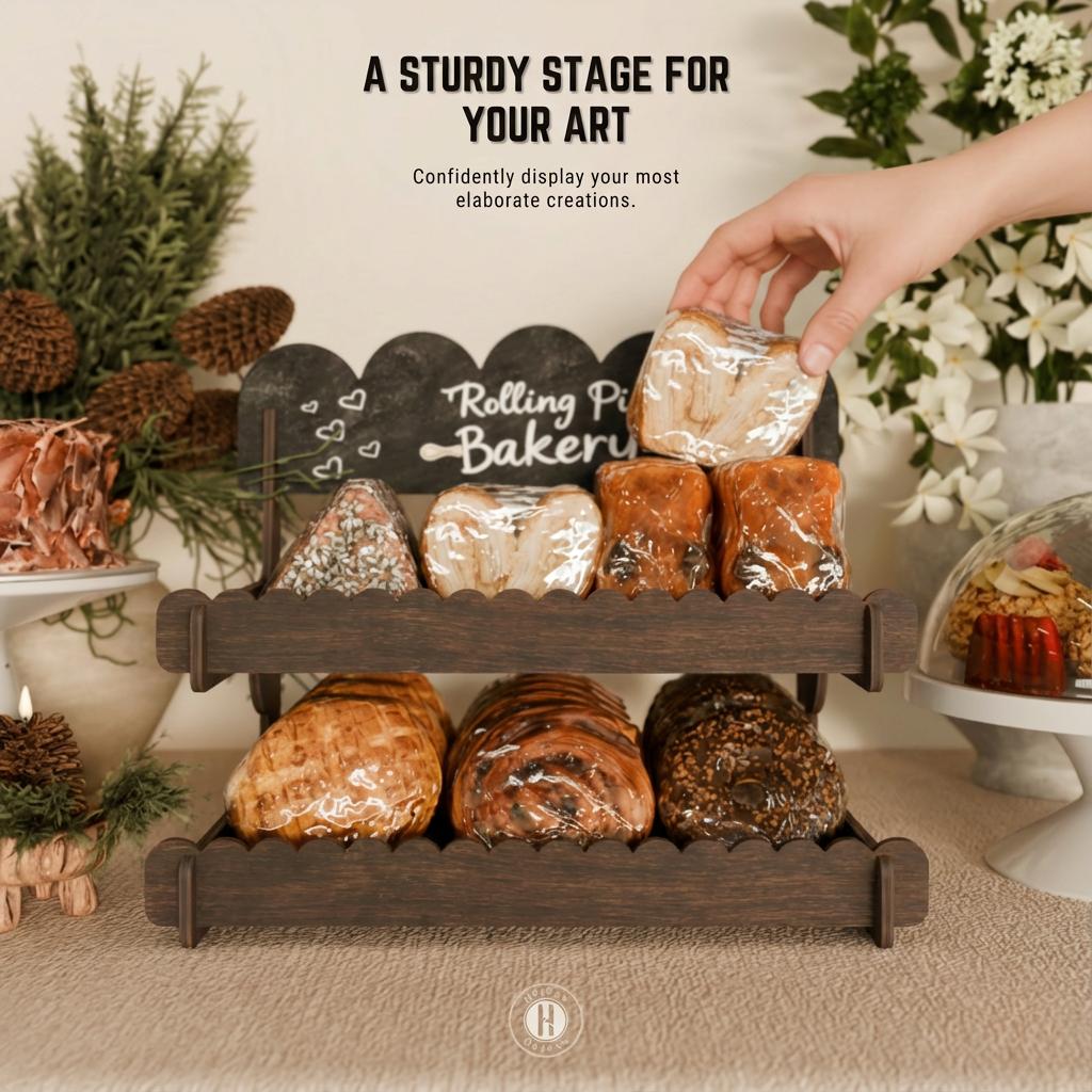 Cookie Display Stand for Bakers & Vendors - Wooden Cookie Stand with Chalkboard Sign for Market Booths, Craft Fairs & Events - Tiered Cookie Display for Cupcakes, Muffins & Pastries 2 Tier (Brown)